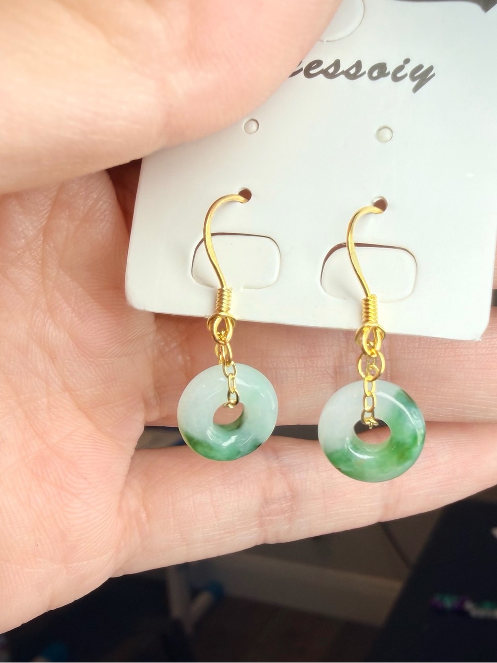 Gold Drop Earrings with Green and White Jade Disk